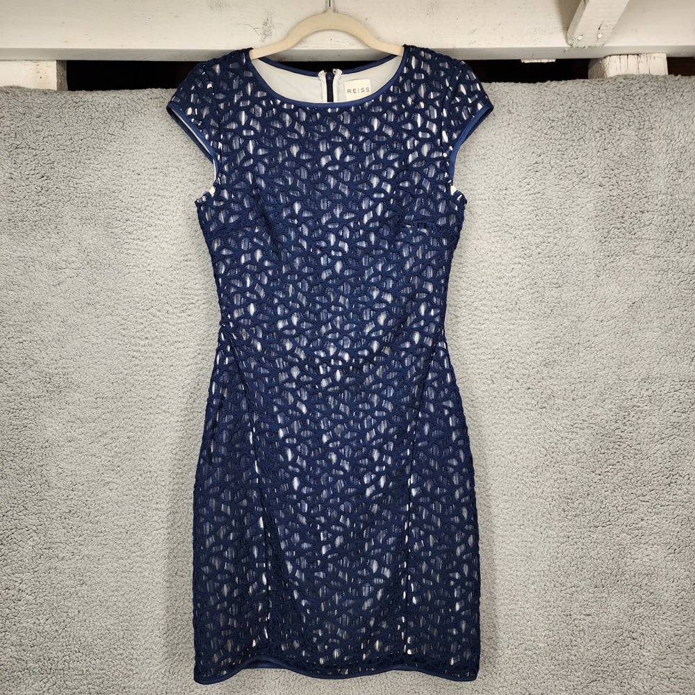 Reiss Tally Navy Blue‎ Crochet Lace Cap Sleeve Sheath Dress Size 4 US 8 UK